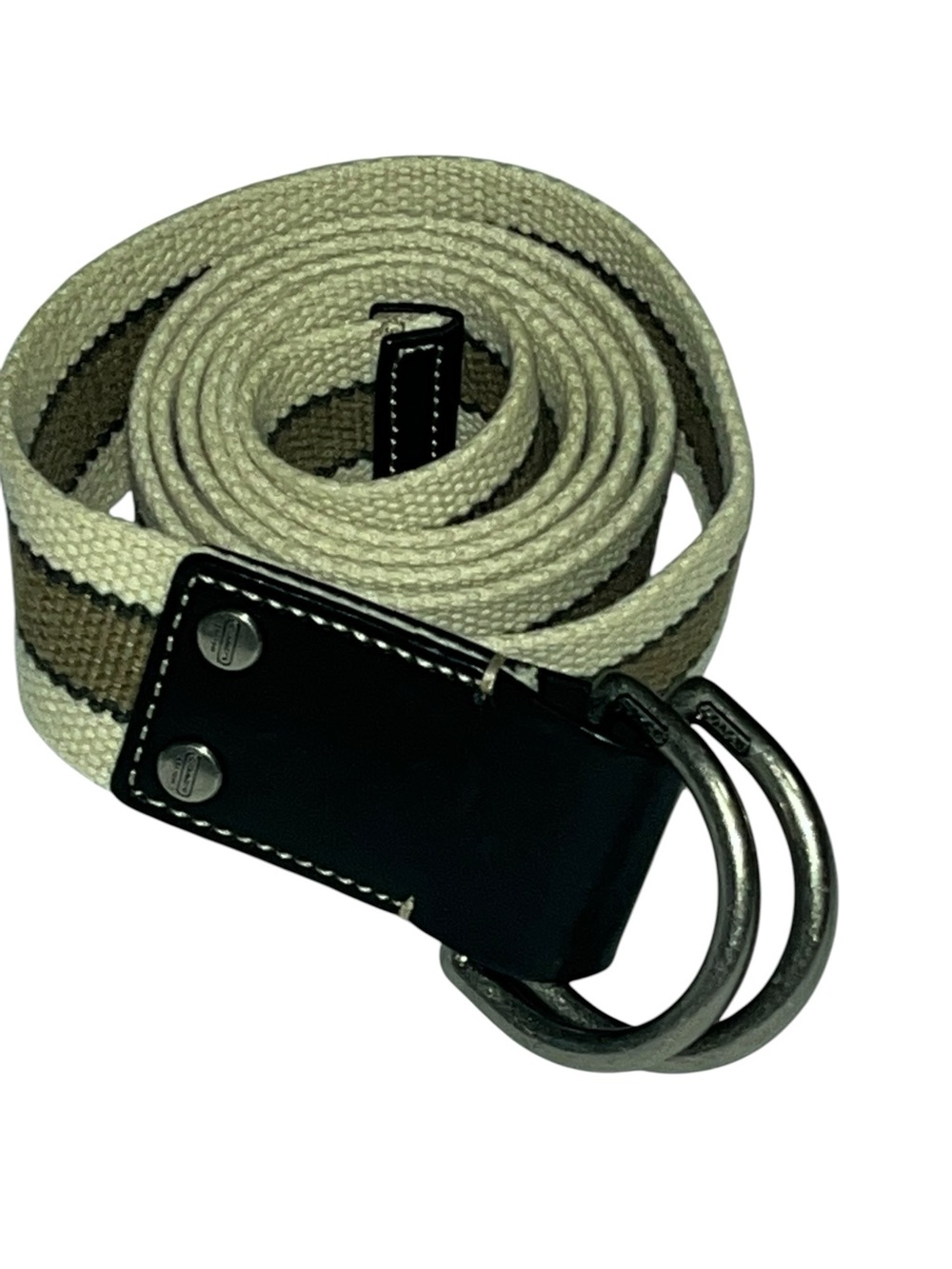 Coach Men's Canvas Double-Ring Belt in Cream and Brown with Black Leather Tab